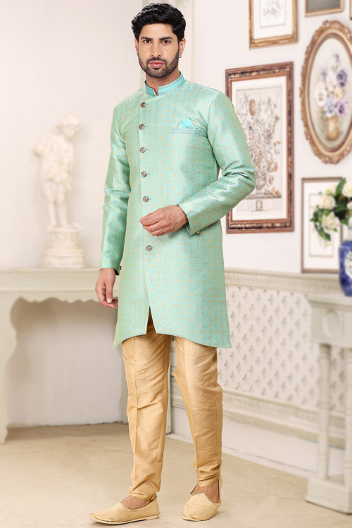 Pastel Mint Blue Men's Weaved Zari Jacquard Sherwani 