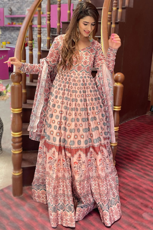 Pastel Pink Chanderi Printed Party Wear Anarkali Suit