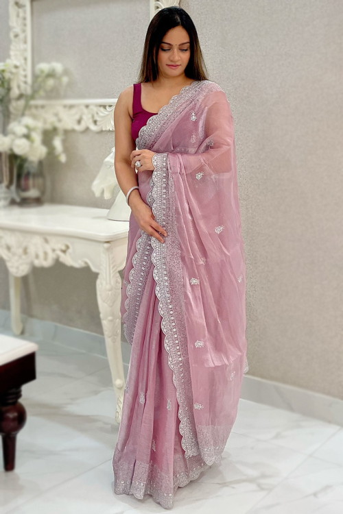 Pastel Pink Chiffon Zari Embroidered Light Weight Saree