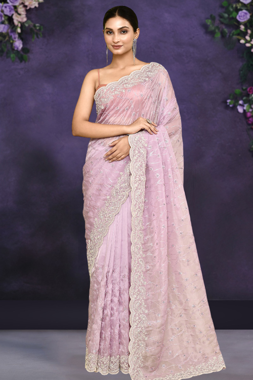 Pastel Pink Organza Sequins Embroidered Light Weight Saree