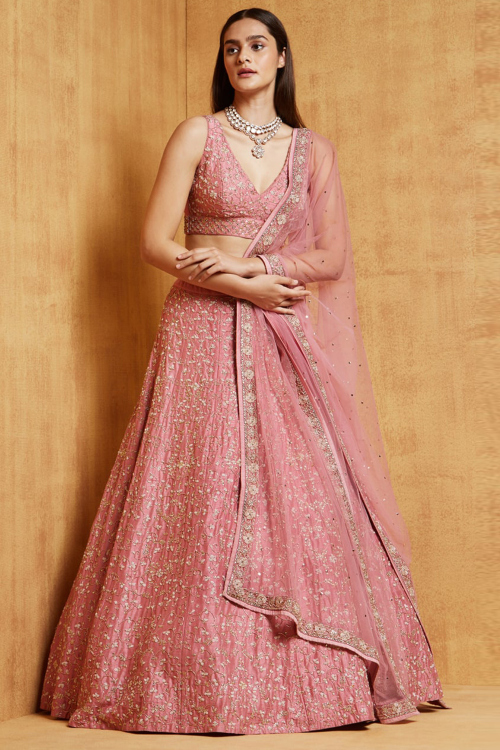 Pastel Pink Satin Sangeet Embroidered A Line Lehenga 