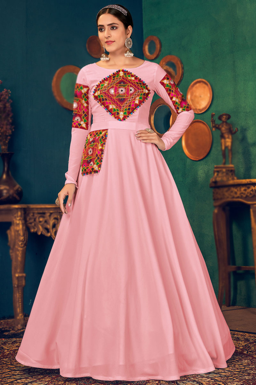 Patch Work Embroidered Georgette Light Pink Gown
