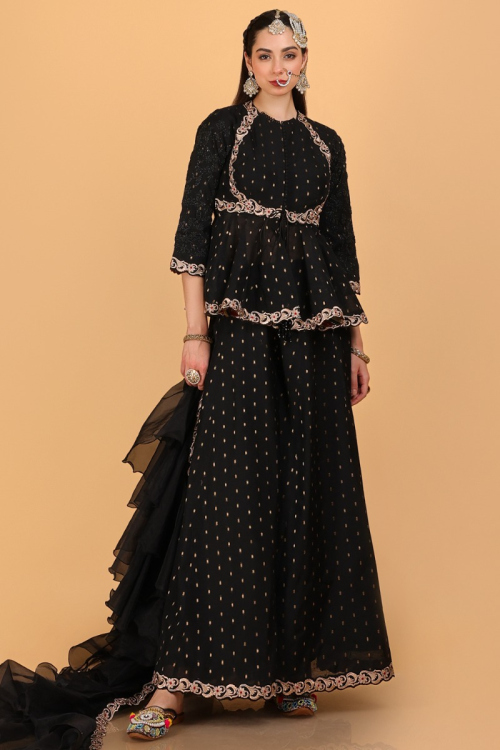 Chanderi Black Zari Weaved Designer Sharara Salwar Suit