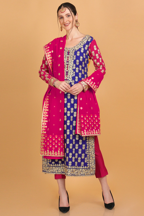 Blue Georgette Embroidered Wedding Wear Trouser Suit