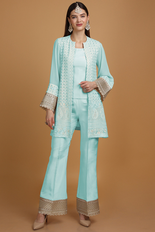 Embroidered Georgette Mint Blue Jacket Style Suit for Wedding & Party