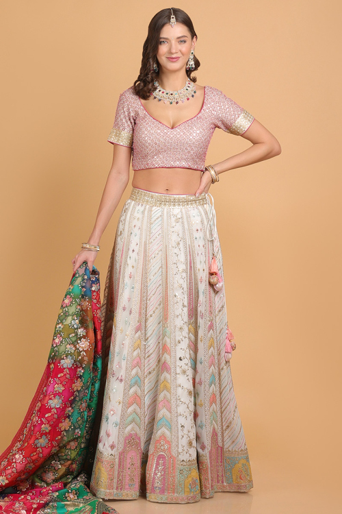 Dori Embroidered Georgette White A-line Lehenga for Wedding & Party