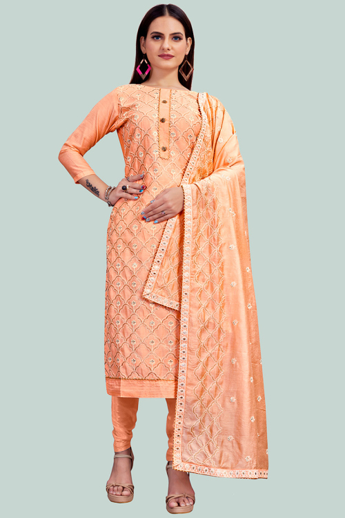 Peach Party Wear Lace Embroidered Churidar Suit in Chanderi
