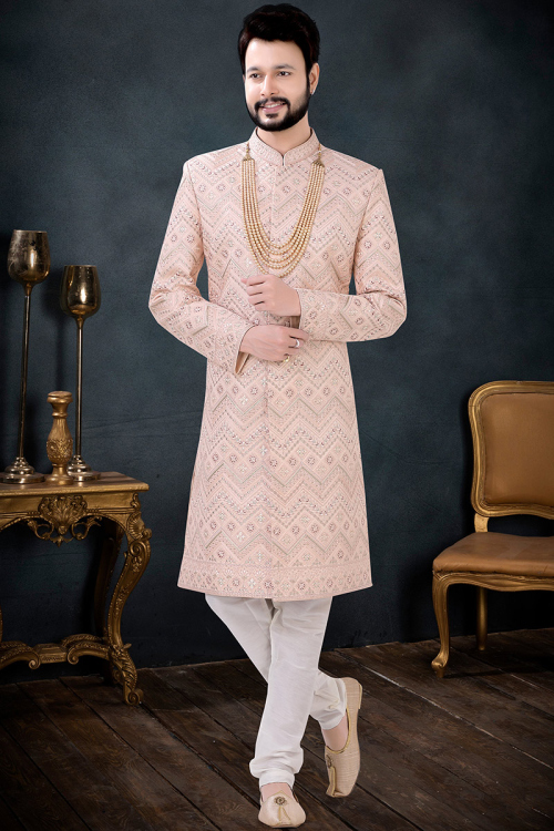 Peach Silk Men Sherwani for Mehndi with Thread embroidery