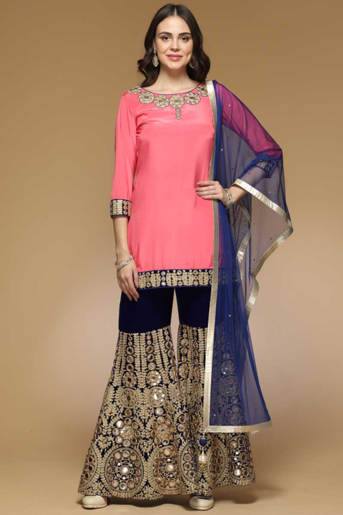Peach Silk Sharara Suit With Mirror Work