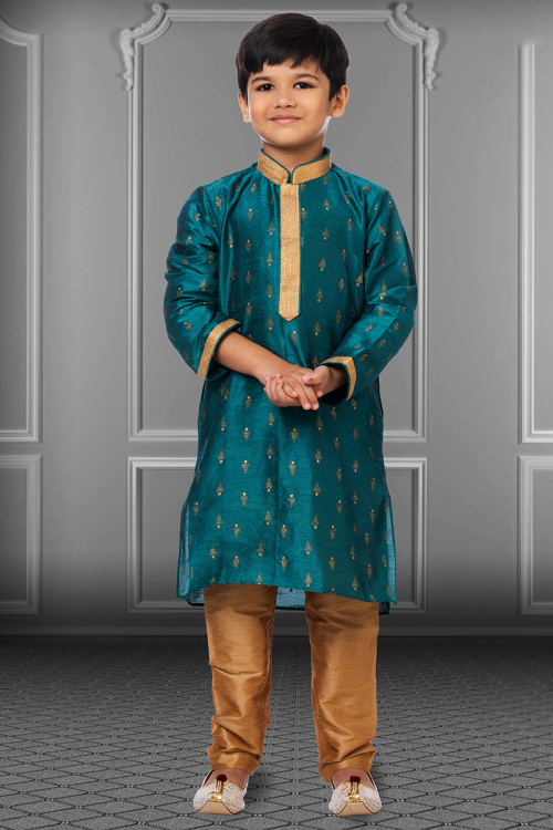 Peacock Blue Dupion Silk Straight Cut Men Kurta Pajama