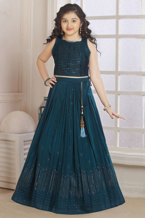 Peacock Blue Georgette Embroidered Girl's Lehenga 