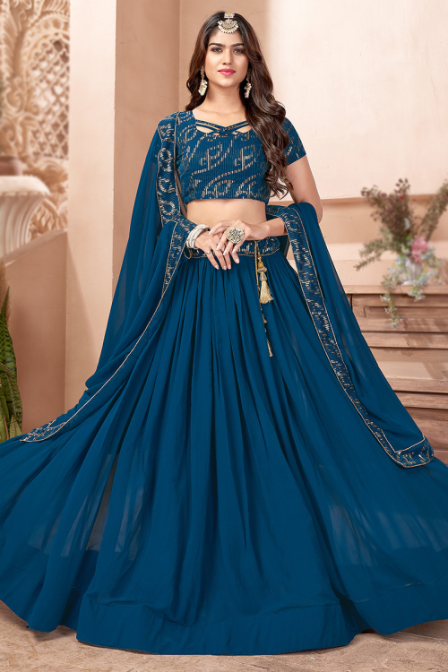 Peacock Blue A Line Wedding Wear Lehenga in Georgette