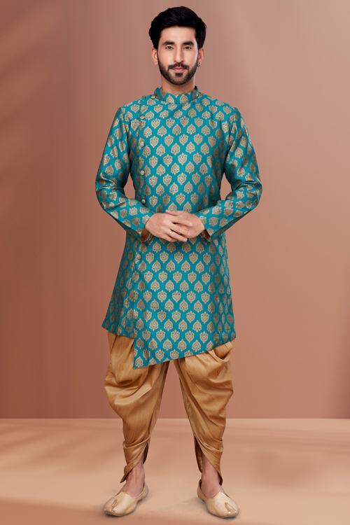 Peacock Blue Jacquard Woven Zari Men's Sherwani