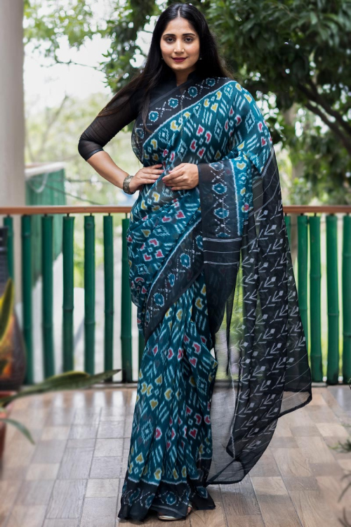 Peacock Blue Linen Printed Saree
