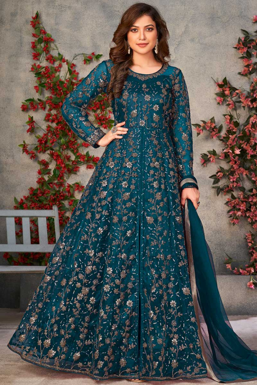 Peacock Blue Net Embroidered Wedding Anarkali Suit