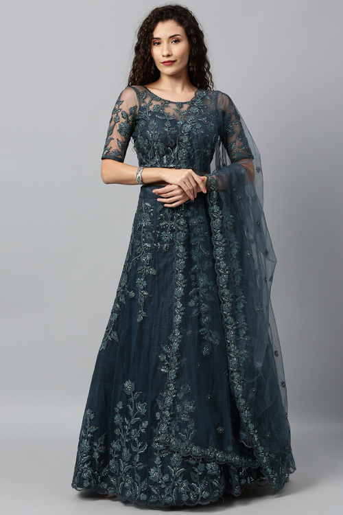 Lehenga for Sangeet in Net Peacock Blue with Resham embroidery