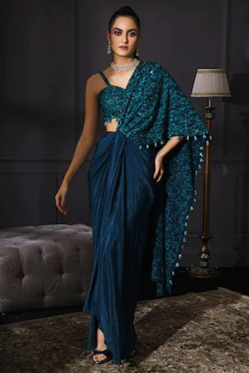 Peacock Blue Satin And Net Indo Western Style Saree
