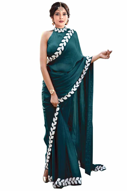 Peacock Blue Silk Lace Embroidered Plain Saree