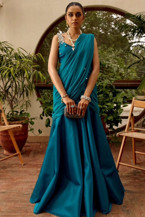 Peacock Blue Silk A Line Style Lehenga