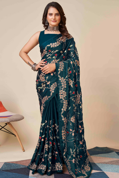Peacock Blue Soft Silk Dori Embroidered Heavy Saree 