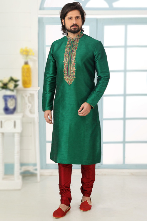 Peacock Green Art Silk Embroidered Men's Kurta Churidar 
