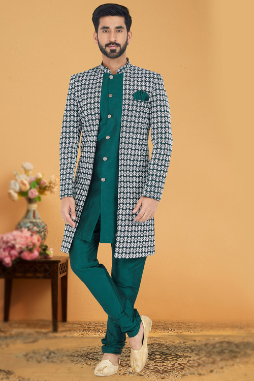 Peacock Green Dupion Silk Jacket Style Men Sherwani