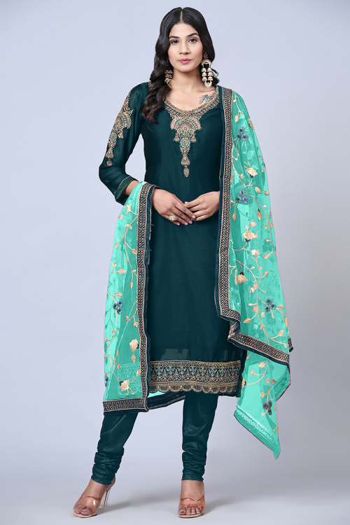 Peacock Green Georgette Straight Cut Churidar Suit