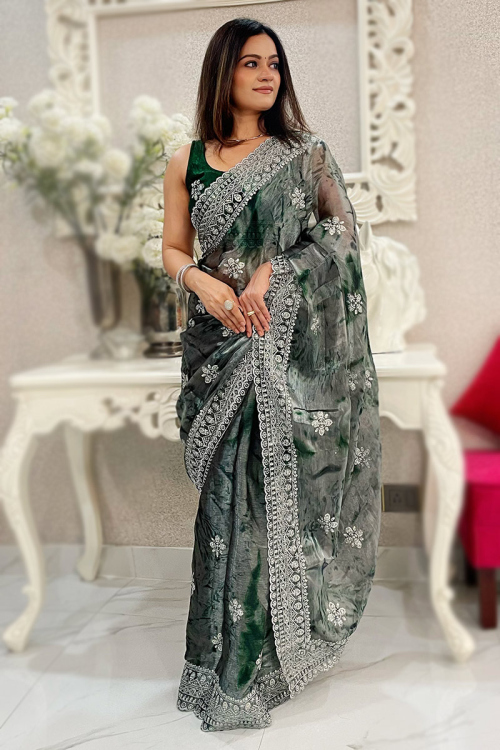 Peacock Green Printed Tissue Lightweight Saree For Mehndi