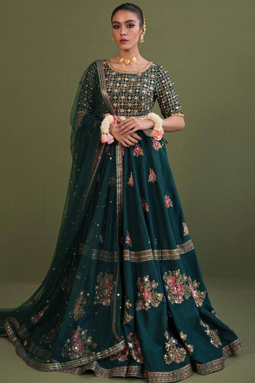 Peacock Green Silk Blend Embroidered A Line Lehenga 
