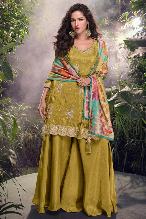 Pear Green Art Silk Dori Work Straight Cut Sharara Suit 
