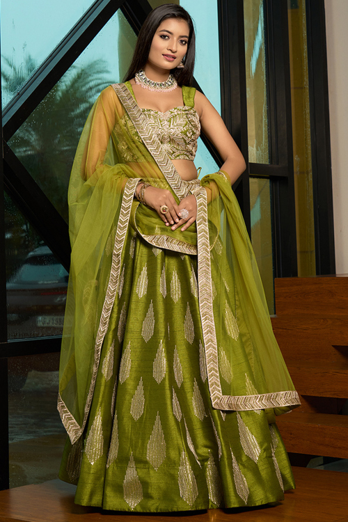 Pear Green Art Silk Embroidered A-Line Lehenga Choli