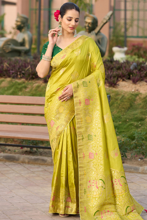 Pear Green Art Silk Saree With Weaved Work For Mehndi