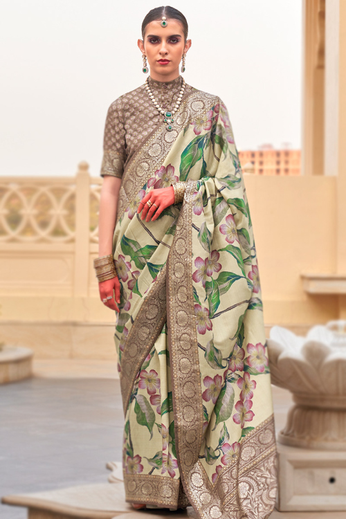 Pear Green Floral Print Lightweight Silk Saree For Mehndi 