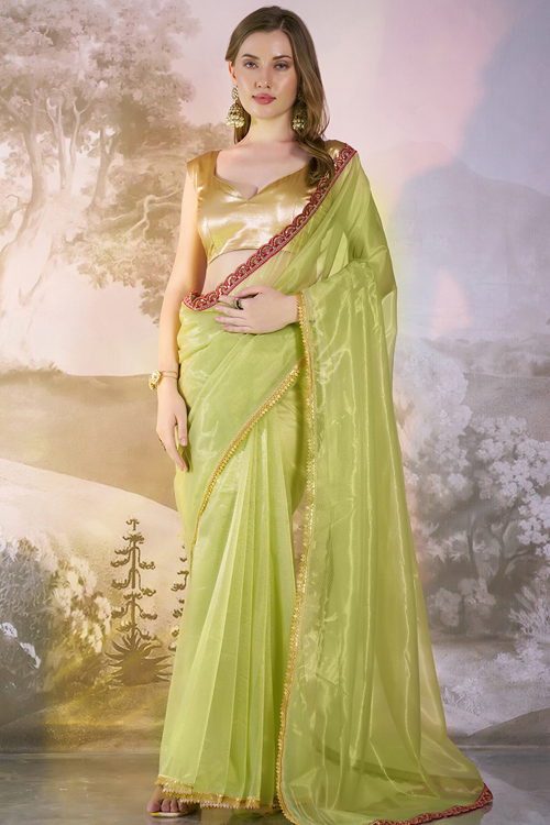 Pear Green Net Embroidered Shimmer Saree