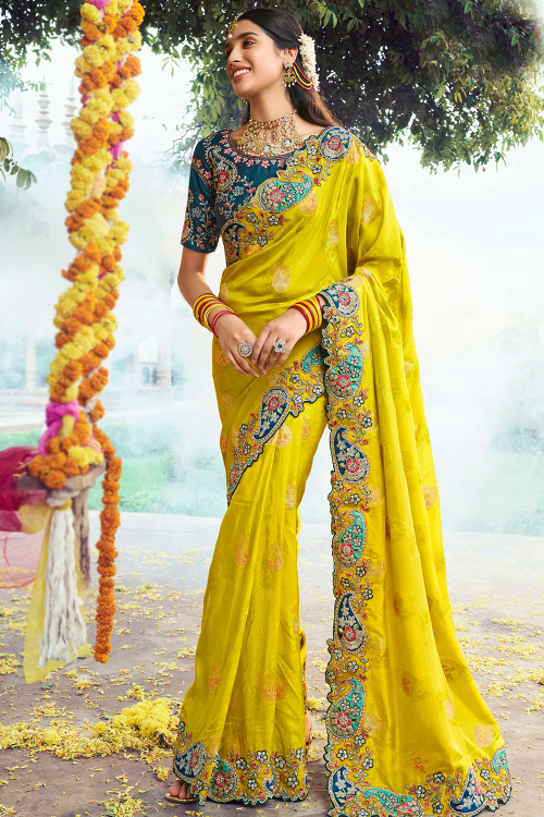 Pear Green Silk Blend Saree with Zari Work For Diwali