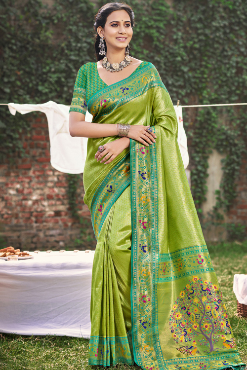 Pear Green Silk Woven Zari Saree with Thread Work & Zari Design