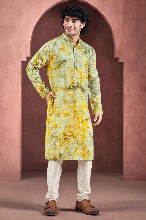 Pear Green Viscose Printed Straight Cut Men&#039;s Kurta Pajama 