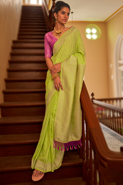 Pear Green Weaved Zari Silk Traditional Saree For Mehndi 