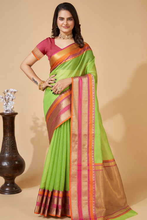 Pear Green Woven Zari Kota Doria Broad Border Saree