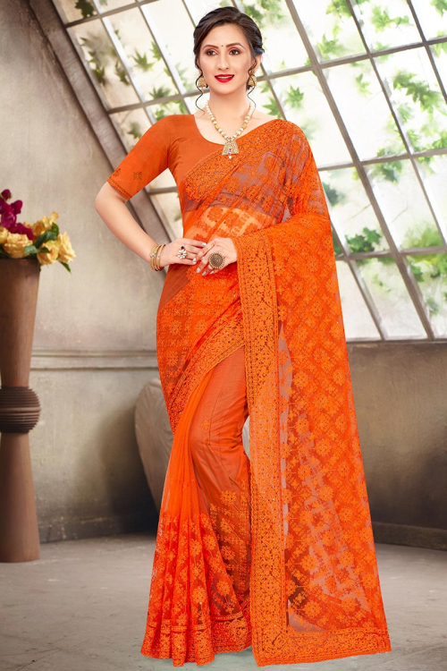 Embroidered Net Tiger Orange Saree