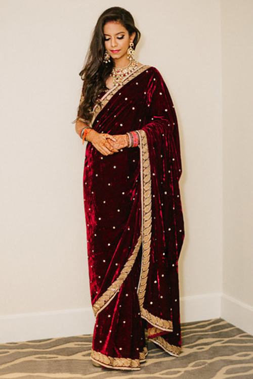 Pearl Embroidered Velvet Dark Maroon Saree