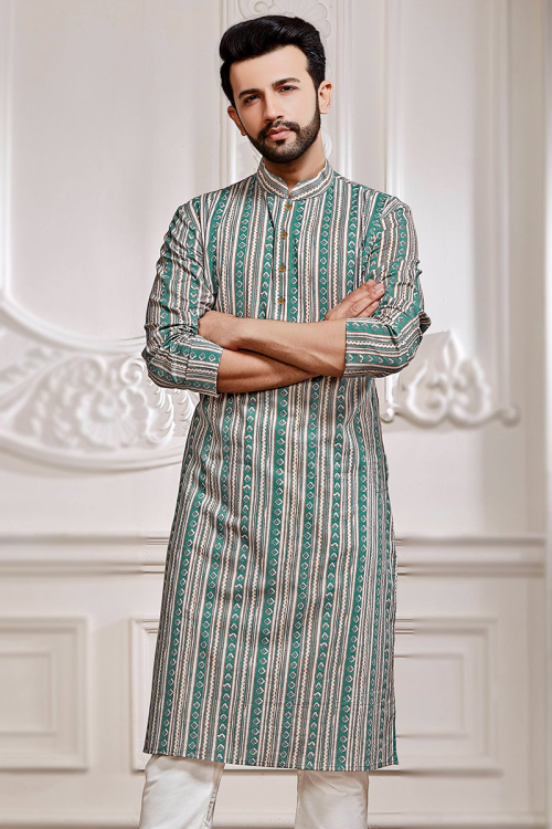 Persian Green Printed Cotton Festival Wear Men's Kurta