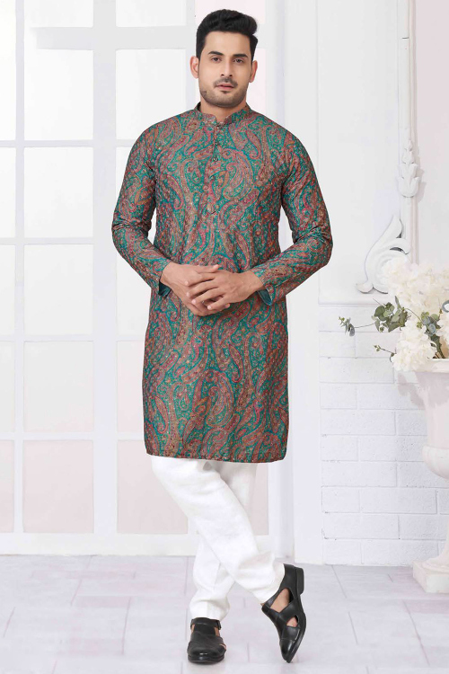 Persian Green Straight Cut Cotton Printed Men&#039;s Kurta Pajama