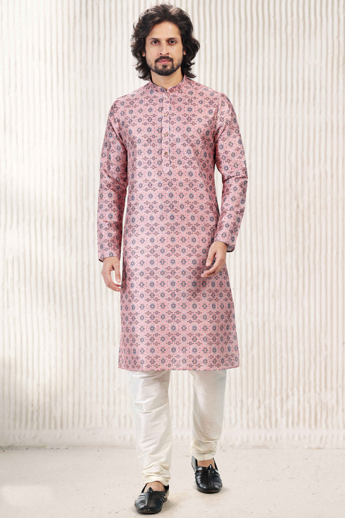 Pink Banarasi Silk Printed Men's Kurta Churidar