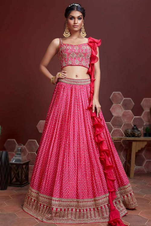 Pink Crepe Printed Wedding Wear Lehenga