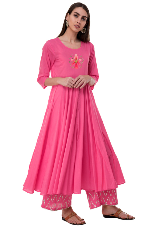 Pink Rayon Embroidered Anarkali Style Kurti
