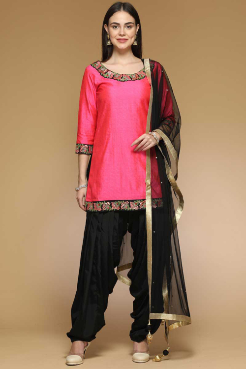 Pink Silk Wedding Patiala Suit With Resham Work