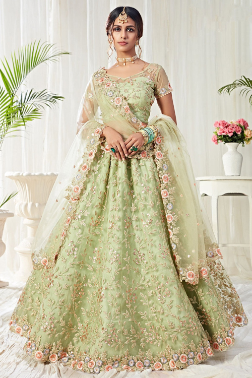 Net Party Wear Wedding Lehenga Choli In Light Pistachio Green Color