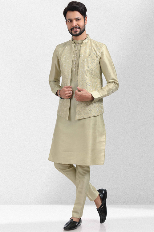 Pistachio Green Art Silk Straight Cut Men Kurta Pajama