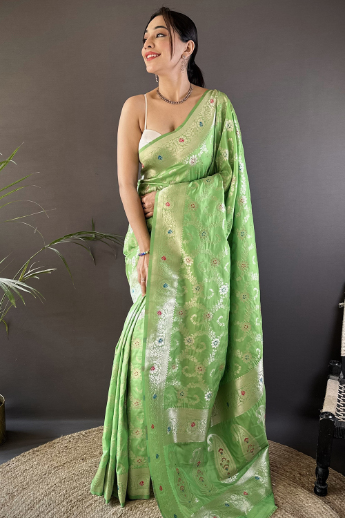 Pistachio Green Art Silk Weaved Saree For Festival